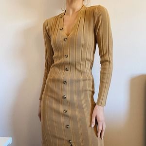 Ribbed Camel Tan Knit Button Front Midi Dress